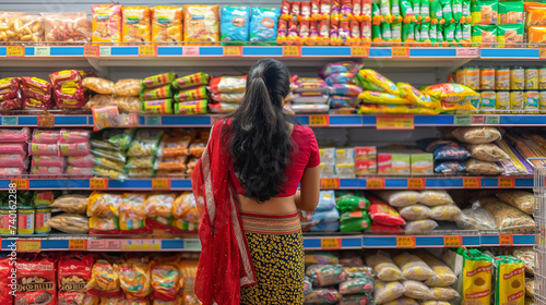 Indian woman makes purchases in a supermarket among shelves of goods. Looks at goods on supermarket shelves