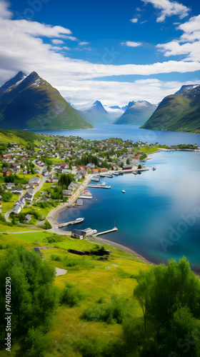 Serene Coastal Landscape: Gjeving, Norway - A Rhapsody in Blue, Green, and Traditional Architecture