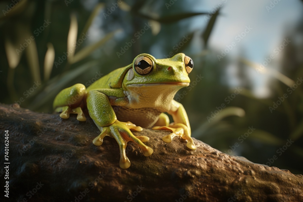 A frog perched on a tree branch. Suitable for nature and wildlife concepts A frog perched on a tree branch. Suitable for nature and wildlife concepts