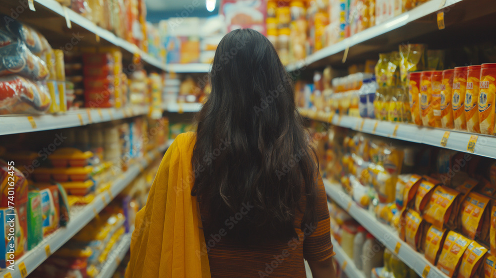 Indian woman makes purchases in a supermarket among shelves of goods. Looks at goods on supermarket shelves