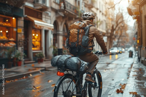 A lone cyclist navigates through the city streets, the sound of his tires against the wet pavement echoing off the buildings, his determined figure passing by a statue as he pedals towards his destin