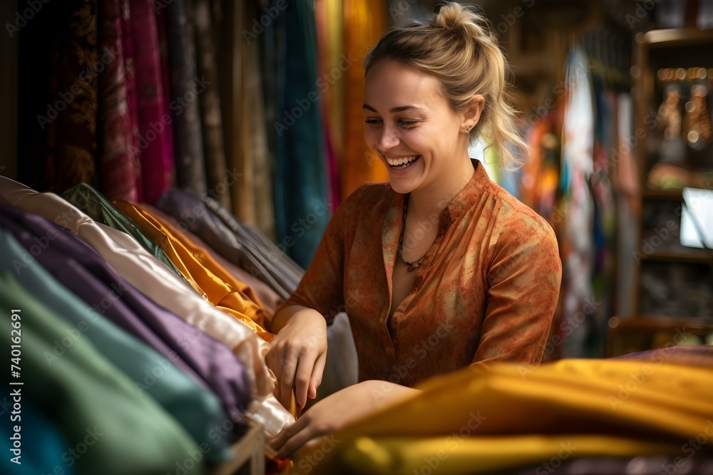 Woman gleefully explores textiles at a store, exuding pure joy. Concept Textile Shopping, Fabric Exploration, Joyful Shopping Experience, Textile Enthusiast
