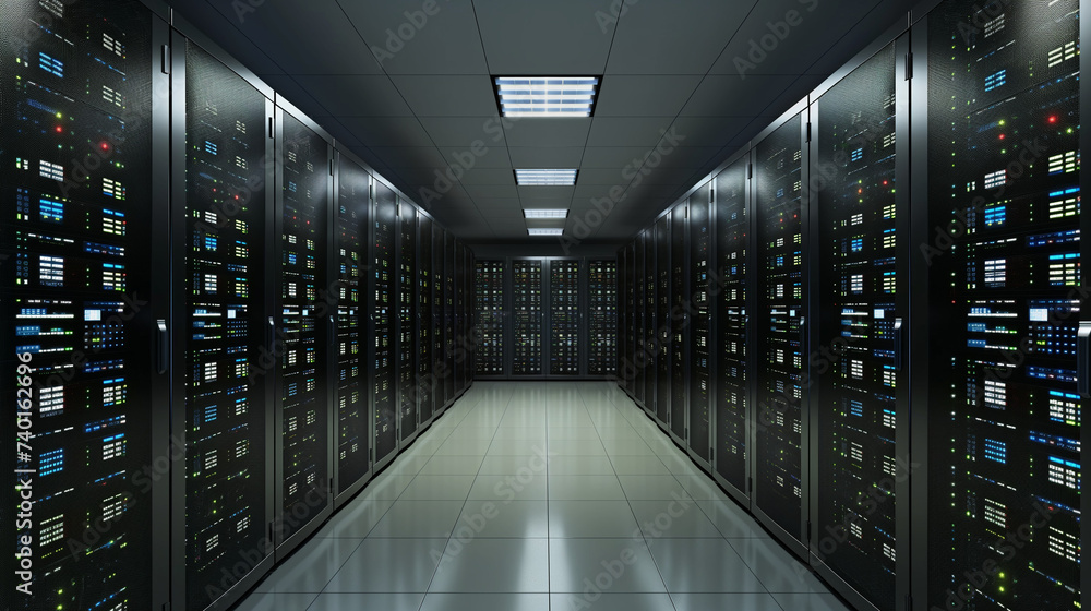 Modern data center server racks in dark room with RTX lighting and visual effects - obrazy, fototapety, plakaty 