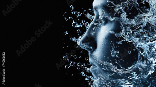 Beautiful young woman face with water splash on black background. Copy space .
