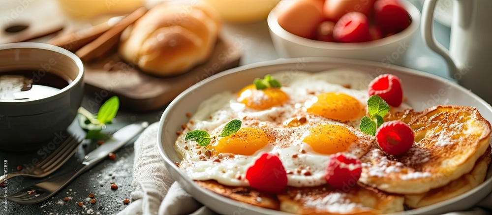 A delectable plate of French toast topped with an assortment of fresh and vibrant fruits, perfect for a delicious breakfast. A delectable plate of French toast topped with an assortment of fresh and vibrant fruits, perfect for a delicious breakfast.