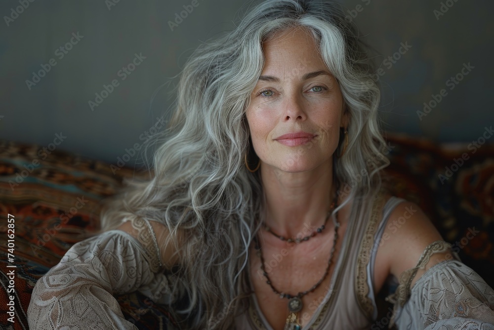 Fototapeta premium A portrait of a graceful lady with long gray hair, her delicate features framed by the soft strands as she stands against an indoor wall, exuding elegance and wisdom