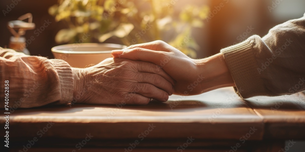 Obraz premium Close up of two people holding hands on a table. Suitable for relationship and connection concepts