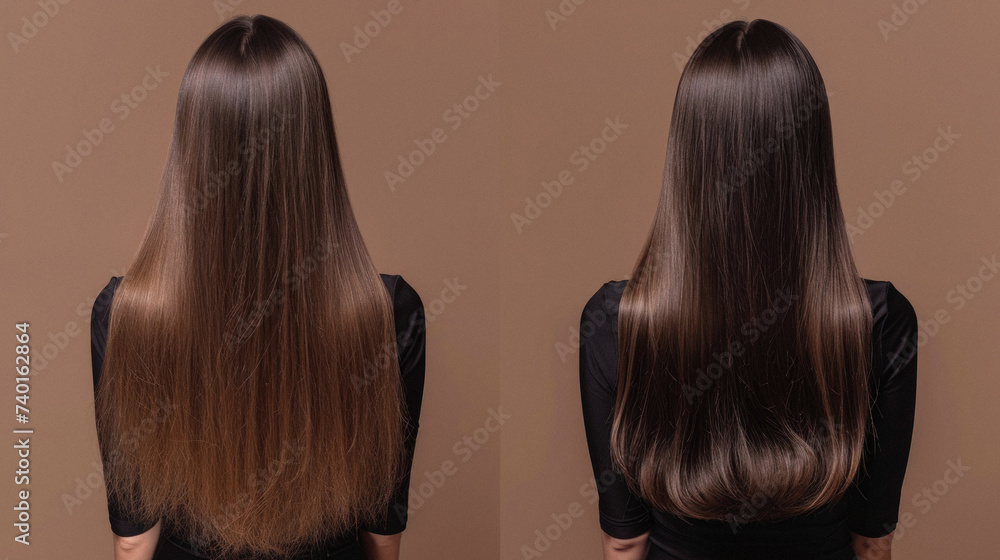 Front and back view of a woman with long brown hair on a brown background Front and back view of a woman with long brown hair on a brown background