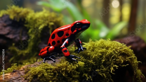 A red and black frog perched on a moss-covered branch, suitable for nature and wildlife themes