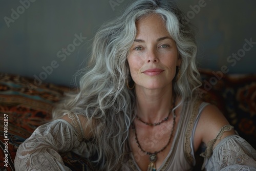 A portrait of a graceful lady with long gray hair, her delicate features framed by the soft strands as she stands against an indoor wall, exuding elegance and wisdom photo