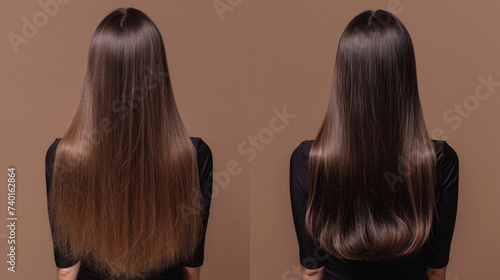 Front and back view of a woman with long brown hair on a brown background