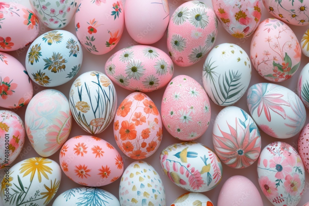 Easter eggs painted in different patterns on a bright background for Easter celebration
Easter eggs painted in different patterns on a bright background for Easter celebration