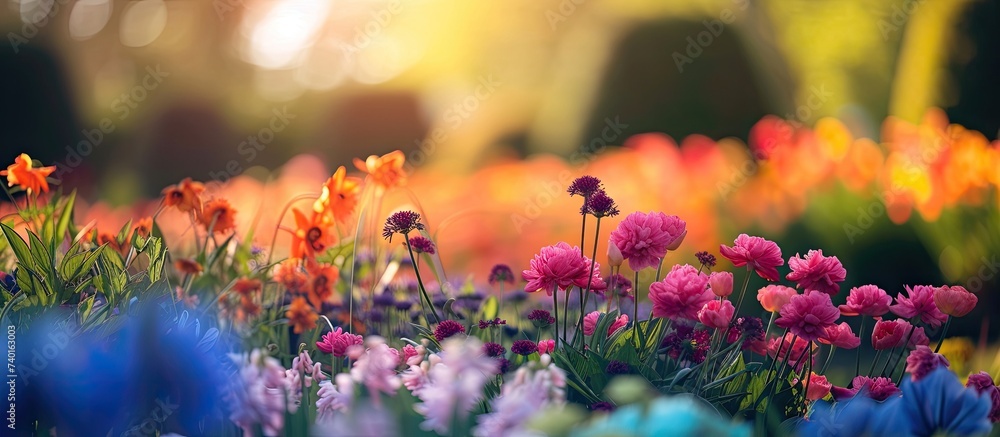 Vibrant colors blossom in a floral wonderland as sunlight illuminates a field of colorful flowers.