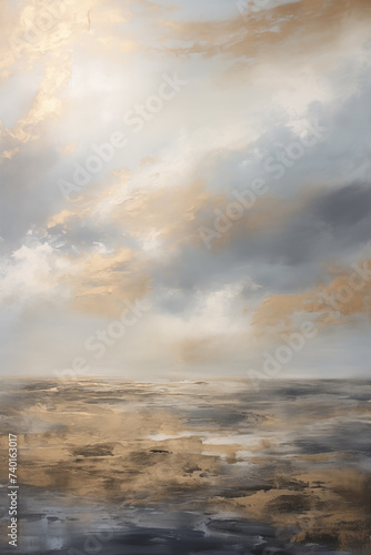Azure Dreams: White and Gold Seascape in Oil