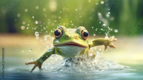Happy Leap Day 29 February 2024, greeting card illustration - Leap year concept, green frog animal amphibian in water of a lake or river in nature photo