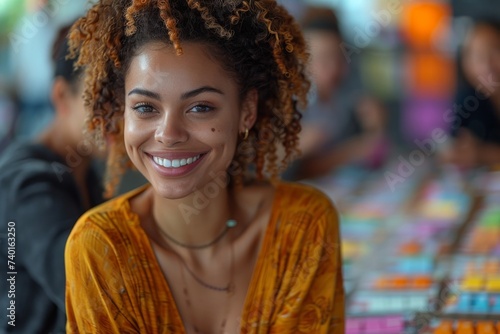 A vibrant woman radiating joy and confidence  showcasing her unique style with a playful smile and cascading locks in a mix of indoor and outdoor settings