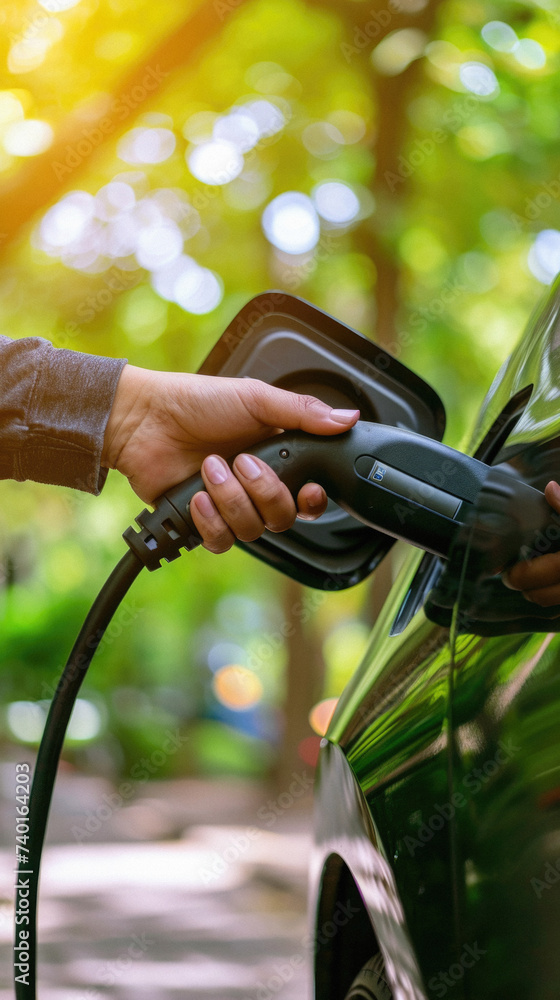 Close up of hand holding an electric plug to charge the car in the park Close up of hand holding an electric plug to charge the car in the park