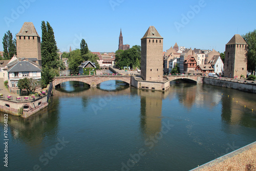 ill river, medieval towers and bridges (ponts couverts) in strasbourg in alsace in france 
