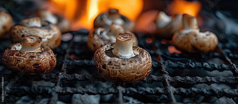 Fresh mushrooms cooking on a grill, resulting in a juicy and appetizing close-up. Fresh mushrooms cooking on a grill, resulting in a juicy and appetizing close-up.