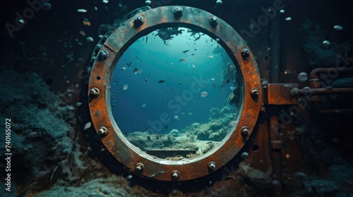 A serene ocean view seen through a ship's porthole. Suitable for travel brochures or nautical themes photo