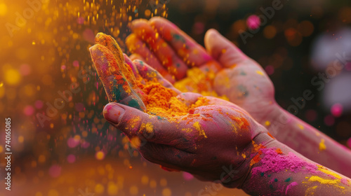 close up Human's hands in colored powder during Holi festival in India 