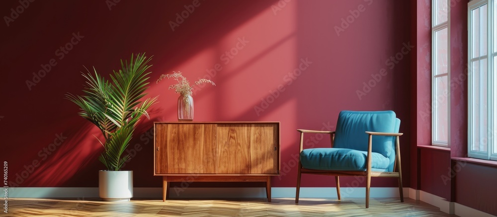 The image depicts a room with a blue chair and a wooden cupboard housing a potted plant. The room has a burgundy theme, creating a cozy atmosphere.