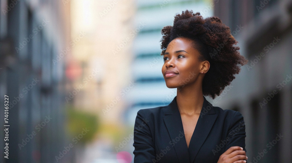 Portrait of a young african american businesswoman standing outdoors - obrazy, fototapety, plakaty 