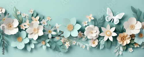 Paper cut spring flowers and leaves. Fresh spring nature background. ai generated photo