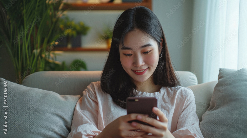 Young asian woman using smartphone on sofa in living room at home Young asian woman using smartphone on sofa in living room at home