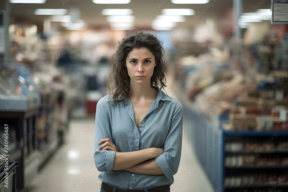 Unhappy woman shopper in retail store defiantly crossing her arms. Concept Body Language, Retail Shopping, Defiance, Unhappiness, Negative Emotions