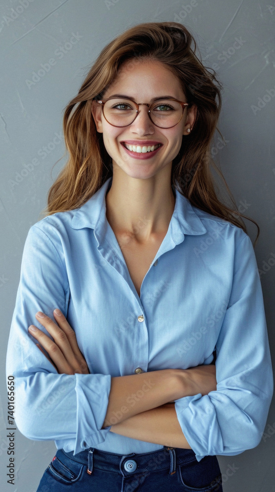 Portrait of smiling young woman in eyeglasses looking at camera Portrait of smiling young woman in eyeglasses looking at camera