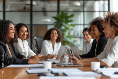 Group of African American businesswomen engage in meeting, bright office setting. Professional women with cheerful demeanors collaborate around laptops in modern workspace.