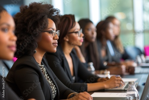 Confident African American businesswomen in discussion at corporate conference table. Group of professional women engage in serious business dialogue, reflecting teamwork