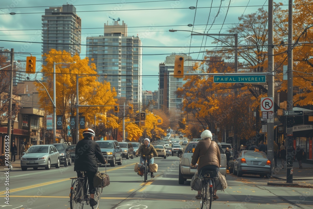Cyclists navigate a tree-lined avenue with golden autumn foliage, city skyline looming behind under clear sky. Riders traverse urban street flanked by amber leaves signaling fall season in metropolis
