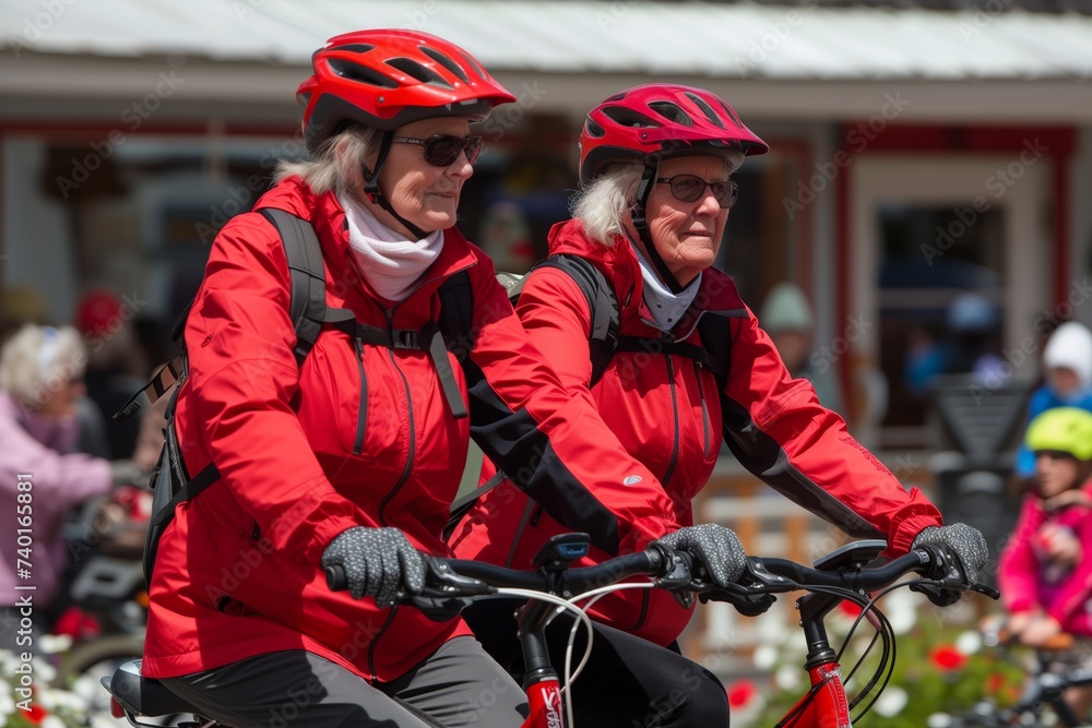 Mature females in vibrant red cycling gear enjoy a leisurely bike ride, helmets secured, amidst casual urban setting. Elderly cyclists clad in crimson outfits pedal through town, focused and equipped Mature females in vibrant red cycling gear enjoy a leisurely bike ride, helmets secured, amidst casual urban setting. Elderly cyclists clad in crimson outfits pedal through town, focused and equipped