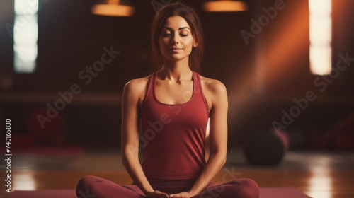 Woman in a red tank top sitting on a yoga mat, suitable for fitness and wellness concepts