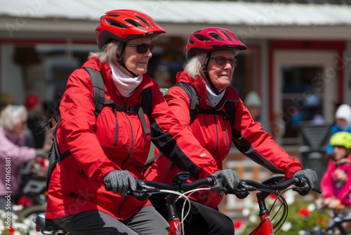 Mature females in vibrant red cycling gear enjoy a leisurely bike ride, helmets secured, amidst casual urban setting. Elderly cyclists clad in crimson outfits pedal through town, focused and equipped