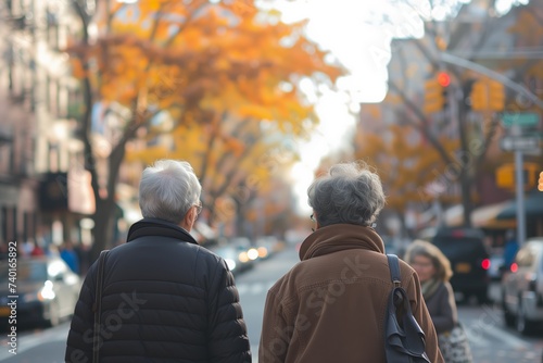 Senior pair walks away amidst autumnal city, golden leaves above, reflecting on life's journey together. Elderly duo strolls through fall-dressed cityscape, a life of shared paths under a canopy