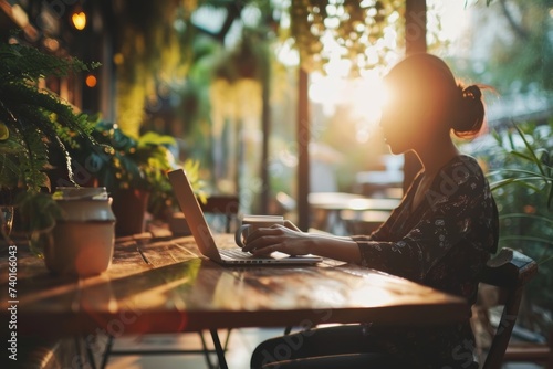 Business woman working using laptop computer and drinking coffee at cafe shop in the morning remote working from coffeeshop freelance lifestyle casual woman costume working in cafe