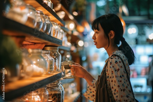 female Japanese customer in a home decor shop shopping and choosing a glass jar from a display shelf casual relax frehness woman lifestyle shooping on sunday morning vacatin travel trip photo