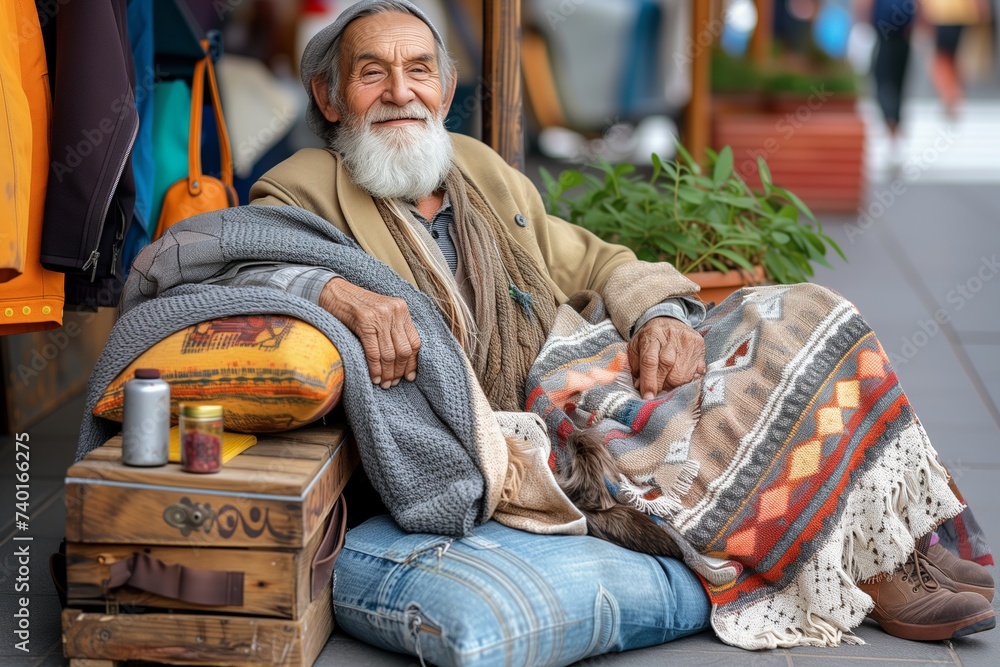 Elderly homeless man wrapped in a blanket, seated on pavement, surrounded by personal belongings, city life moving around. Aged individual rests on urban ground, comforted by warm textiles