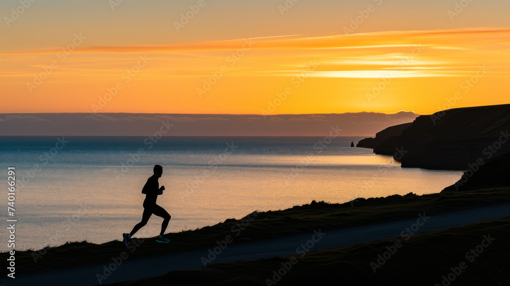 Silhouette of a lone runner jogging along a coastal path with a vivid sunset over the ocean horizon. Outdoor sport active activity lifestyle concept.