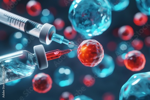 Illustration of a syringe extracting red substance from a vial with representations of cells in a blue background. Conceptual graphic of a needle aspirating crimson fluid from an ampoule photo