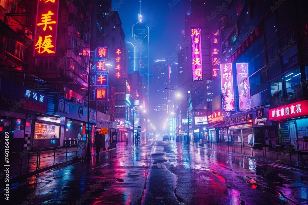 Neon-lit street reflecting on wet pavement, with illuminated signs and an urban skyline. Drenched in neon, this city thoroughfare glistens post-rain with vivid signage and a modern skyscape - obrazy, fototapety, plakaty 