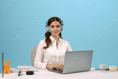 Woman sitting at desk with technology, suitable for business concepts