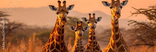 Soothing Sunset: Family of Giraffes Grazing Amongst the Greenery in their Natural Habitat © Alberta