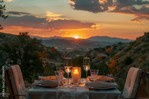 Romantic dinner setting with two wine glasses, lantern, and bouquet against a sunset backdrop. Evening meal tableau featuring stemware, candlelight, and wildflowers overlooking a tranquil sundown.