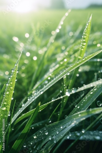 Fresh green grass with sparkling water droplets, ideal for nature backgrounds