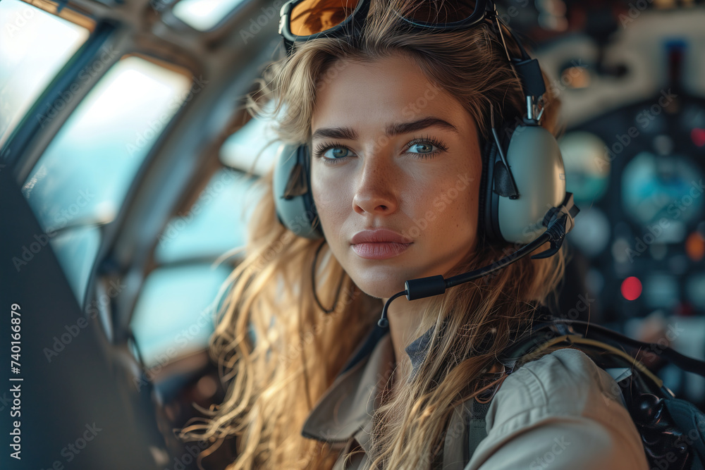 Woman with Headset in Helicopter Woman with Headset in Helicopter