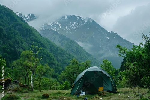 Tent set up in a mountainous tourist camp Focusing on adventure Exploration And the beauty of nature's landscapes.